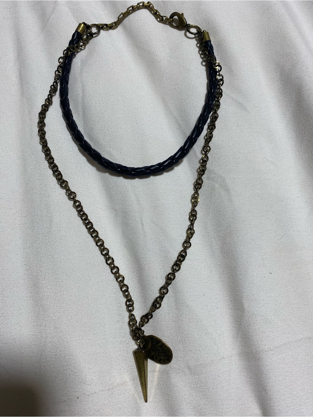 Double-Layer Black Cord and Antiqued Gold Spike Pendant Necklace
